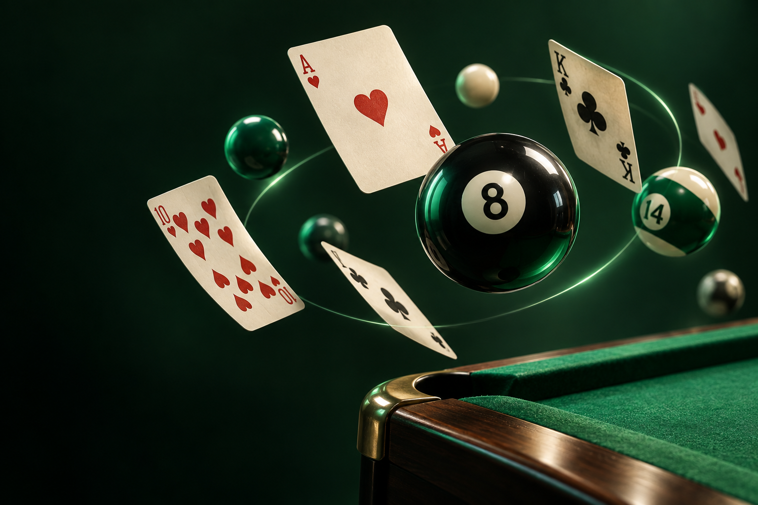 Composição 3D de cartas de baralho e bolas de sinuca com iluminação verde